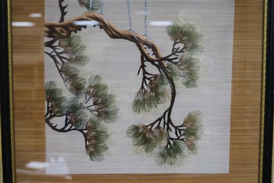 A Chinese watercolour, 40 x 30cm and a silkwork of cranes, 90 x 37cm